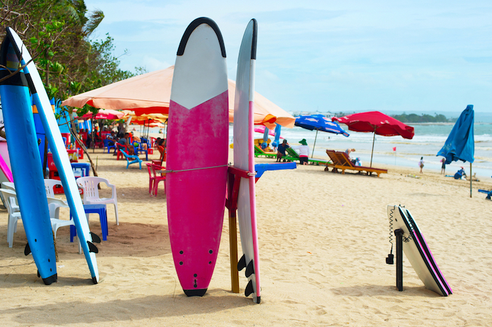 Surfboards and funboards on the beach of Kuta